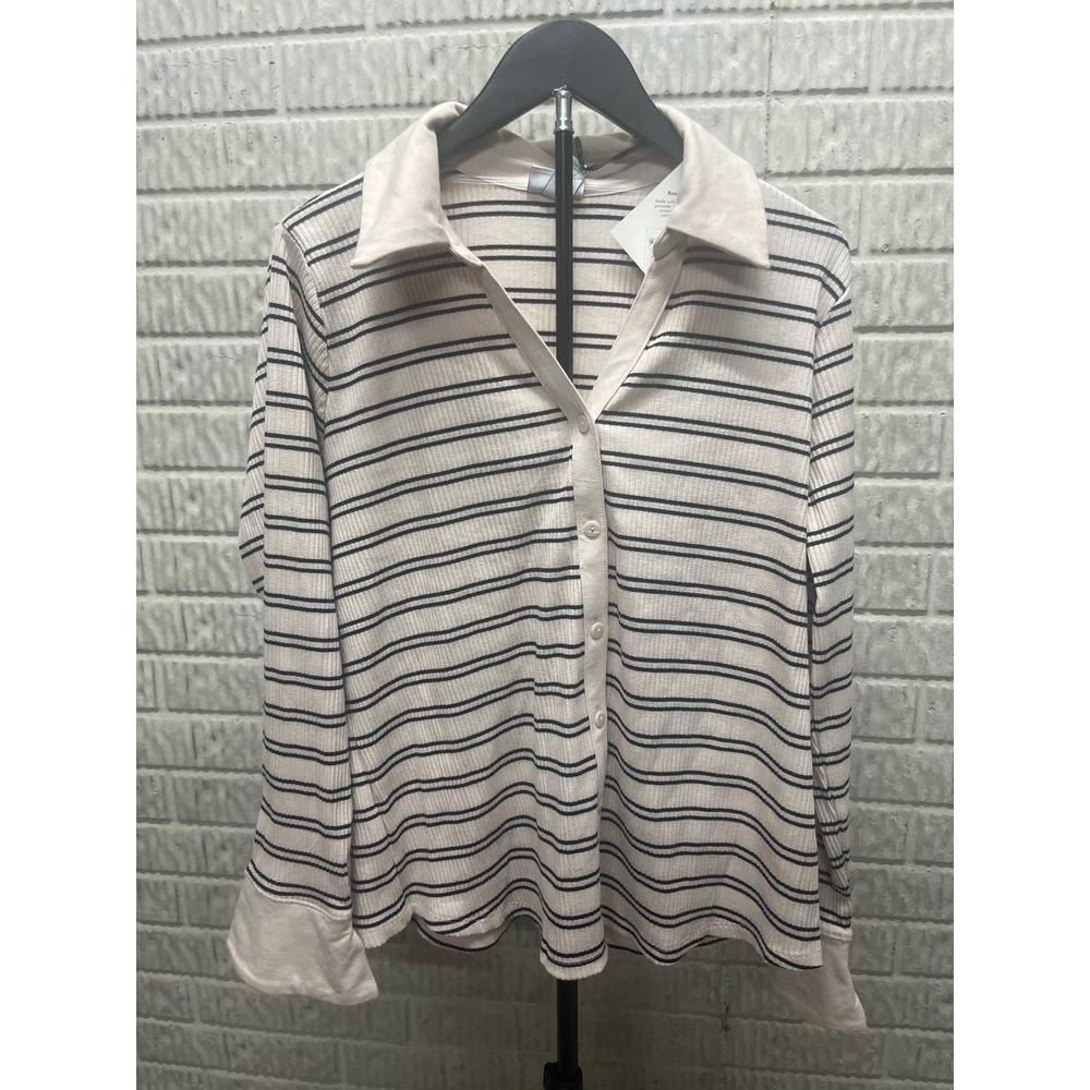 Ava & Viv Womens Plus 1X Ribbed Striped Button Front Polo Shirt Tan Black NEW